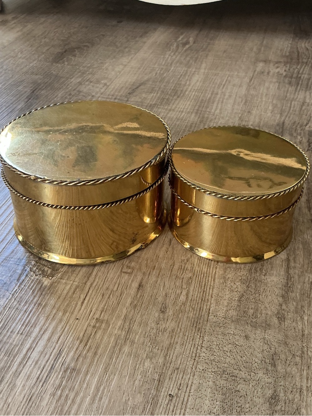 Vintage Solid Brass Nesting Trinket Boxes Set of 2 Braided Rope Trim Mid Century